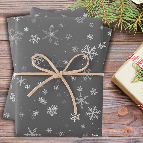 Festive Gray White Snowflake Pattern Holiday Wrapping Paper Sheets
