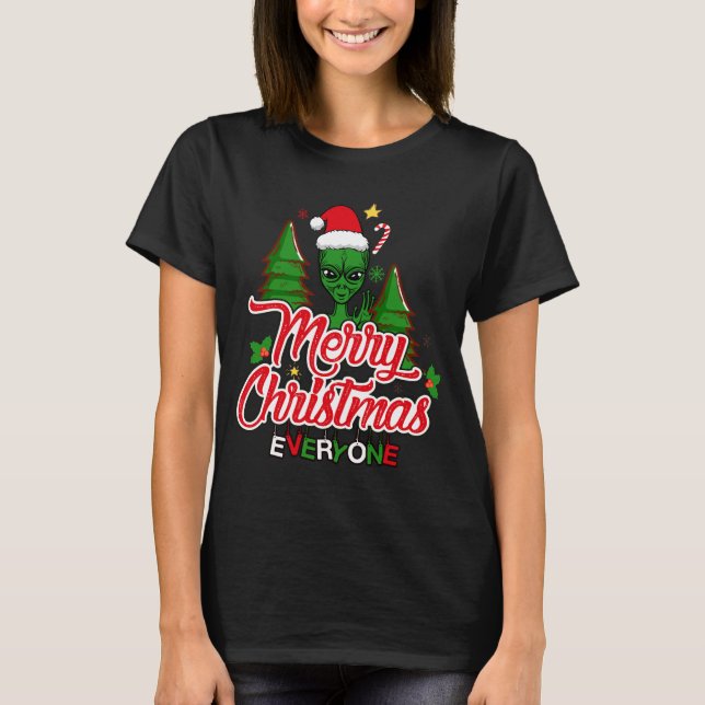 Festive Green Alien Waving Merry 2023 Christmas T-Shirt (Front)