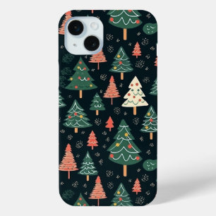 Festive Green and Coral Christmas Tree Pattern iPhone 15 Plus Case