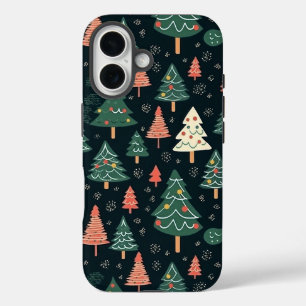 Festive Green and Coral Christmas Tree Pattern iPhone 16 Case
