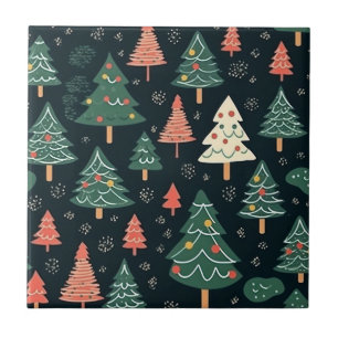 Festive Green and Coral Christmas Tree Pattern Ceramic Tile