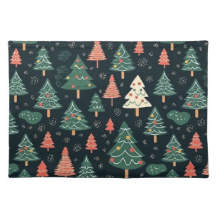 Festive Green and Coral Christmas Tree Pattern Cloth Placemat