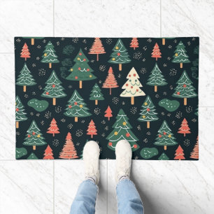 Festive Green and Coral Christmas Tree Pattern Doormat