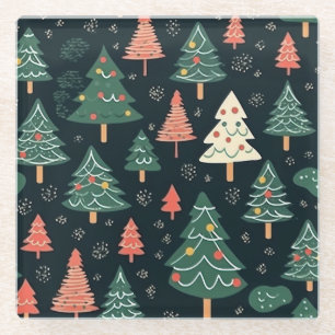 Festive Green and Coral Christmas Tree Pattern  Glass Coaster