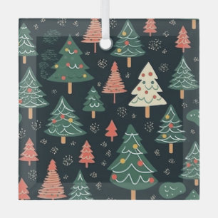 Festive Green and Coral Christmas Tree Pattern Glass Ornament