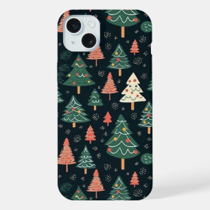 Festive Green and Coral Christmas Tree Pattern iPhone 15 Plus Case