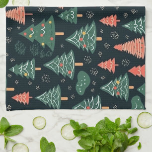 Festive Green and Coral Christmas Tree Pattern Kitchen Towel