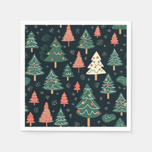 Festive Green and Coral Christmas Tree Pattern Napkins
