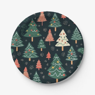 Festive Green and Coral Christmas Tree Pattern Paper Plates