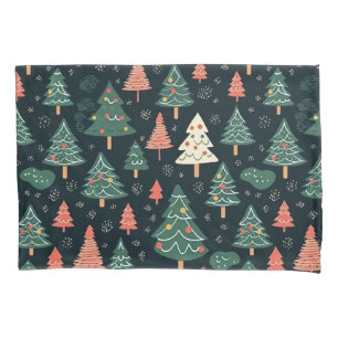 Festive Green and Coral Christmas Tree Pattern Pillow Case