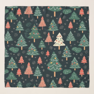 Festive Green and Coral Christmas Tree Pattern Scarf