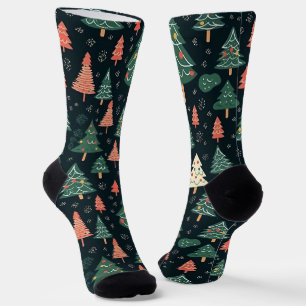 Festive Green and Coral Christmas Tree Pattern Socks