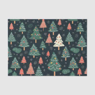 Festive Green and Coral Christmas Tree Pattern Tissue Paper