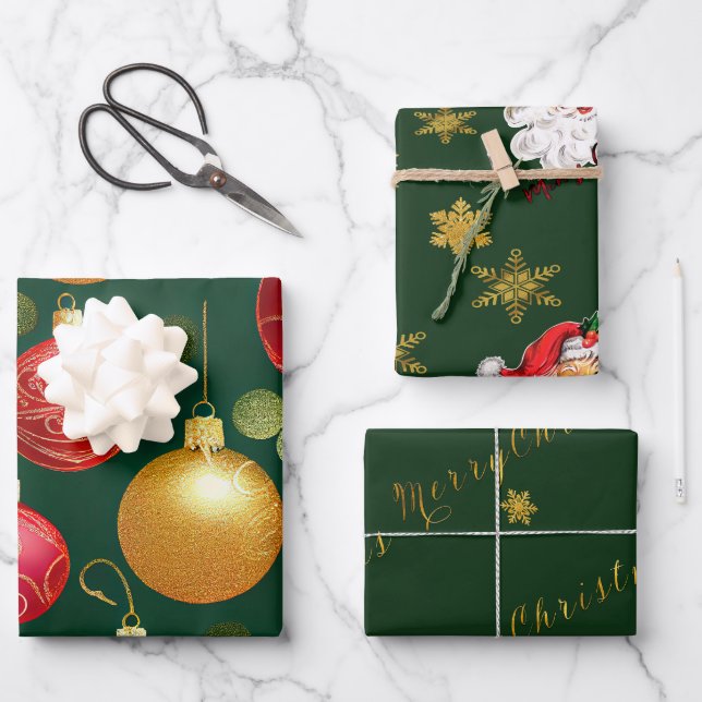 Festive Green and Gold Christmas Script  Wrapping Paper Sheets (Front)