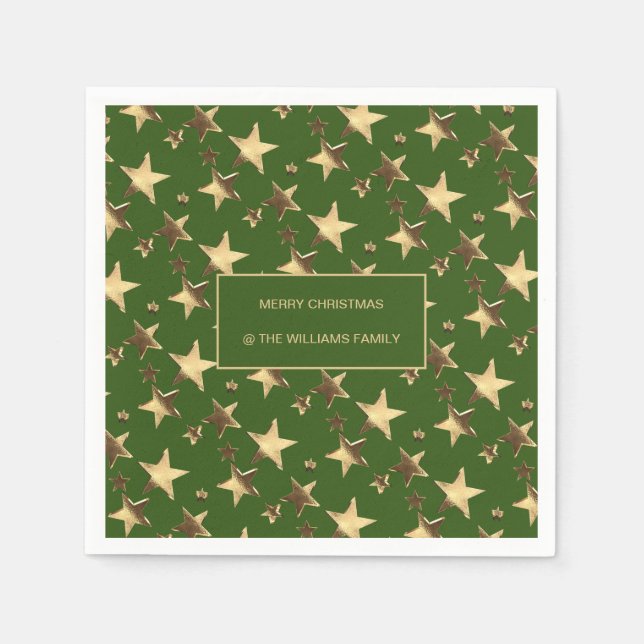 Festive Green and Gold Christmas Stars Add Name Napkins (Front)