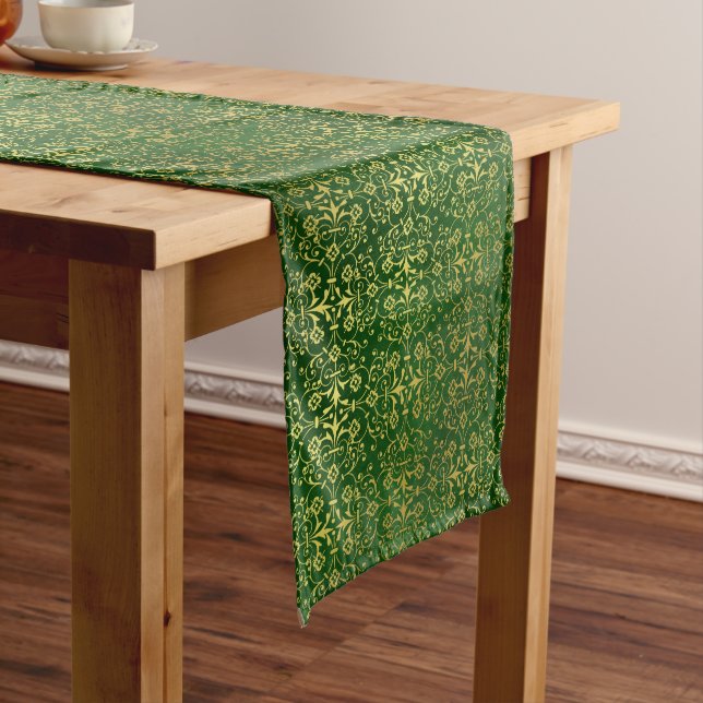 Festive Green and Gold Damask Table Runner (In Situ)