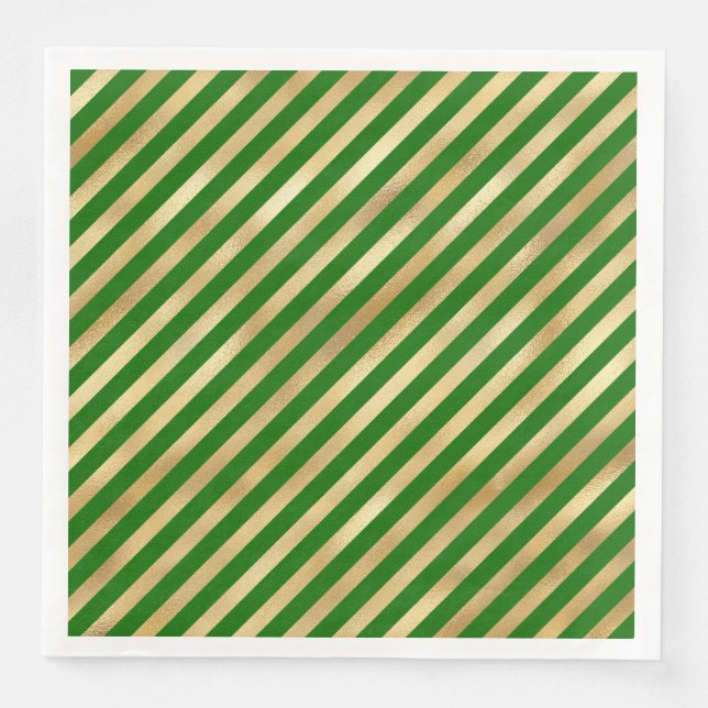 Festive Green and Gold Diagonal Stripes Napkins (Front)