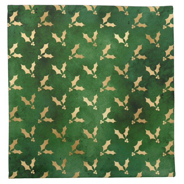 Festive Green and Gold Foil Winter Christmas Holly Cloth Napkin (Front)