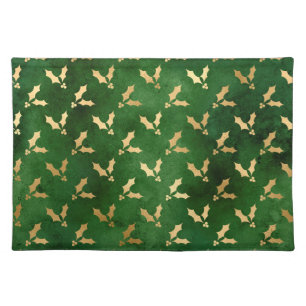 Festive Green and Gold Foil Winter Christmas Holly Cloth Placemat