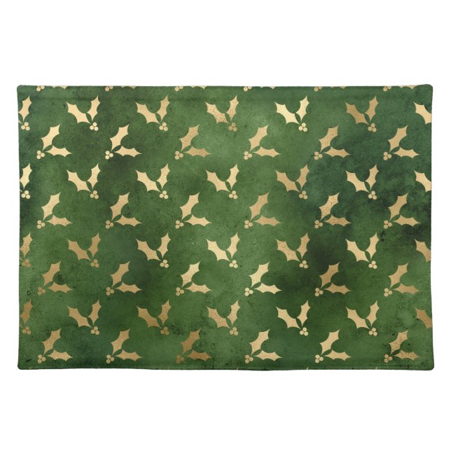 Festive Green and Gold Foil Winter Christmas Holly Cloth Placemat (Front)