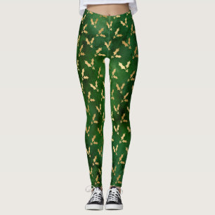 Festive Green and Gold Foil Winter Christmas Holly Leggings