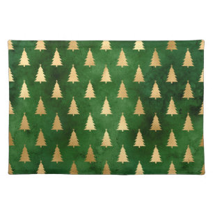 Festive Green and Gold Foil Winter Christmas Tree Cloth Placemat