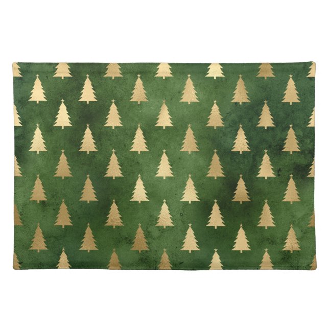 Festive Green and Gold Foil Winter Christmas Tree Cloth Placemat (Front)