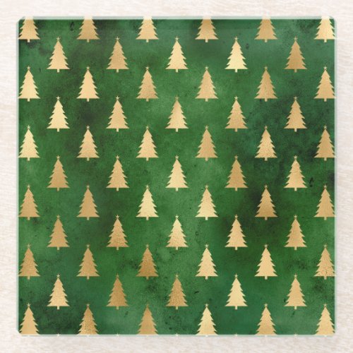 Festive Green and Gold Foil Winter Christmas Tree Glass Coaster