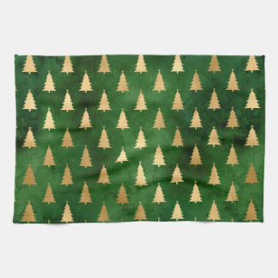 Festive Green and Gold Foil Winter Christmas Tree Kitchen Towel