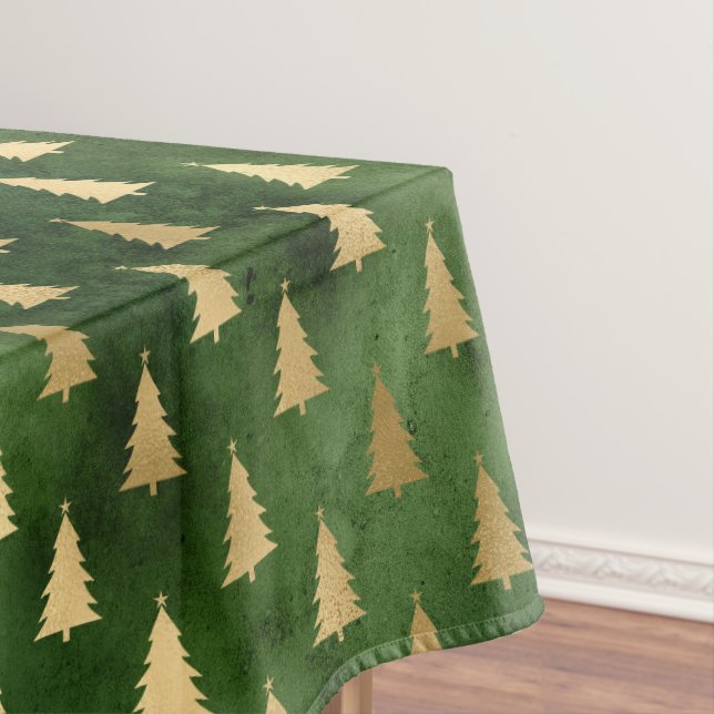 Festive Green and Gold Foil Winter Christmas Tree Tablecloth (In Situ)
