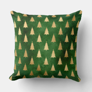 Festive Green and Gold Foil Winter Christmas Tree Throw Pillow