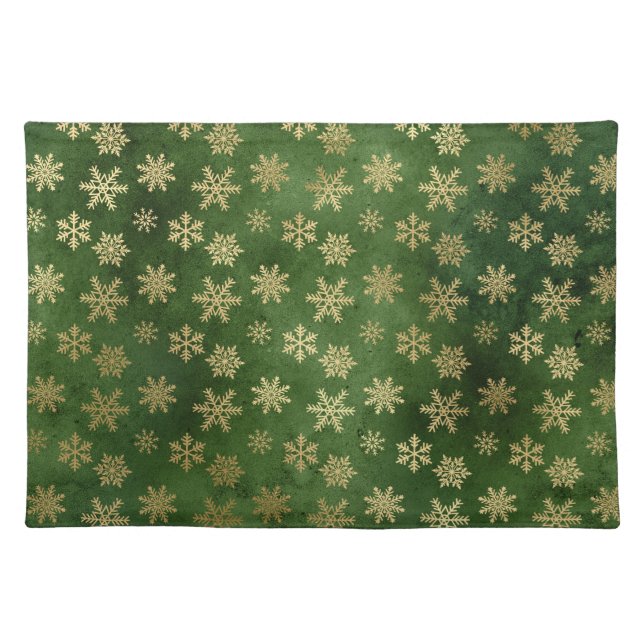 Festive Green and Gold Foil Winter Snowflakes Cloth Placemat (Front)
