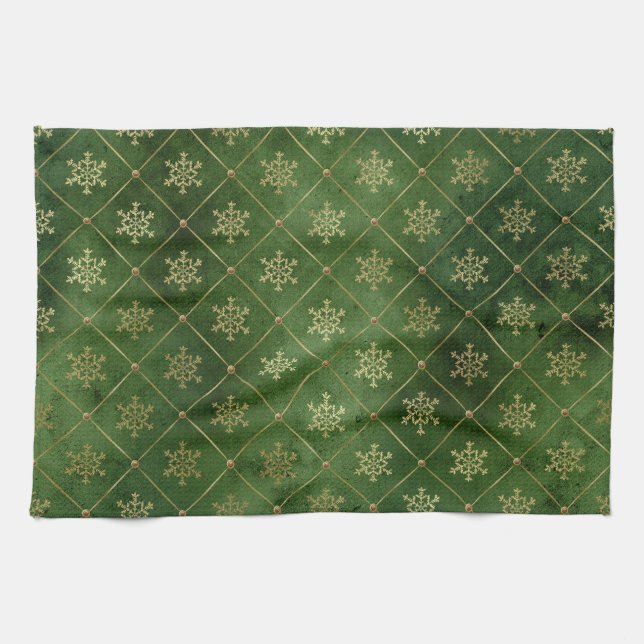 Festive Green and Gold Foil Winter Snowflakes Kitchen Towel (Horizontal)