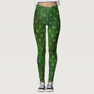 Festive Green and Gold Foil Winter Snowflakes Leggings