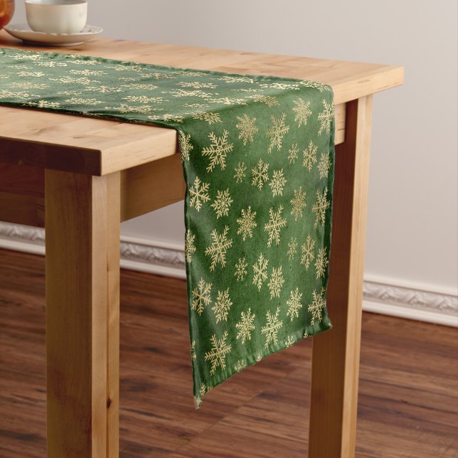 Festive Green and Gold Foil Winter Snowflakes Short Table Runner (In Situ)