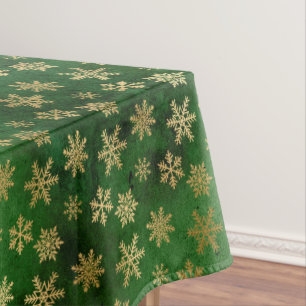 Festive Green and Gold Foil Winter Snowflakes Tablecloth