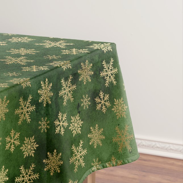 Festive Green and Gold Foil Winter Snowflakes Tablecloth (In Situ)