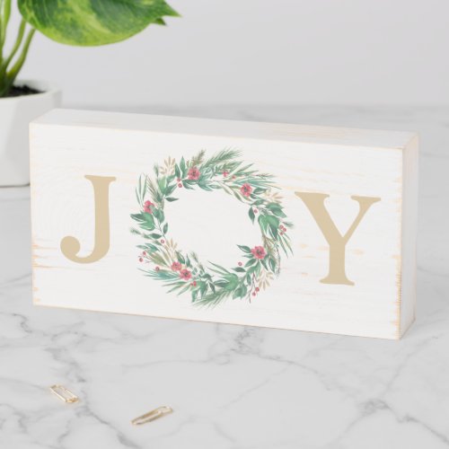 Festive Green and Gold Holiday JOY Wreath Wooden Box Sign