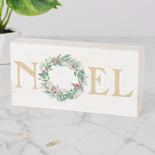 Festive Green and Gold Holiday Noel Wreath Wooden Box Sign