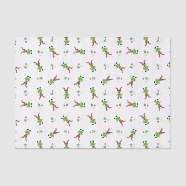 Festive Green And Gold Kasky Christmas Reindeer Tissue Paper (Front)