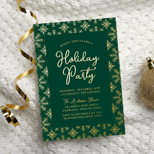 Festive Green and Gold Snowflakes Holiday Party Foil Invitation