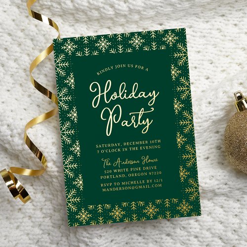 Festive Green and Gold Snowflakes Holiday Party Foil Invitation