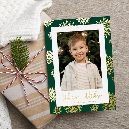Festive Green and Gold Snowflakes Photo Foil Holiday Card
