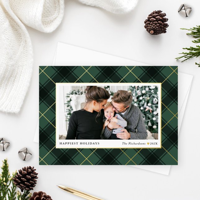 Festive Green and Gold Tartan Plaid Photo Foil Holiday Card (Creator Uploaded)