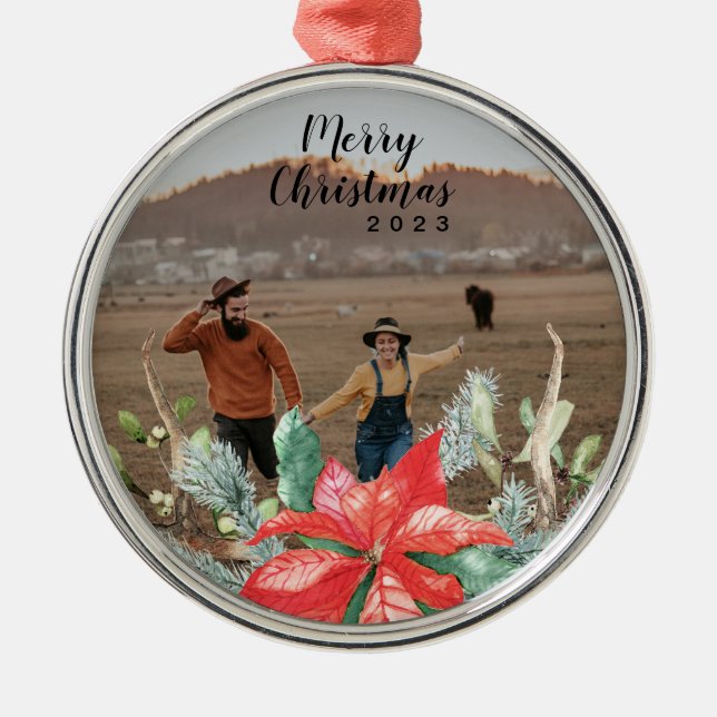 Festive Green and Red Christmas Holiday Photo Metal Ornament (Front)
