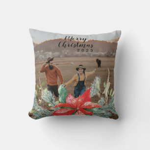 Festive Green and Red Christmas Holiday Photo Throw Pillow