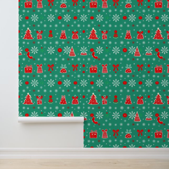 Festive Green and Red Christmas Pattern Wallpaper (Application)