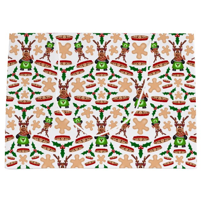 Festive Green And Red Kasky Christmas Reindeer Large Gift Bag (Front)