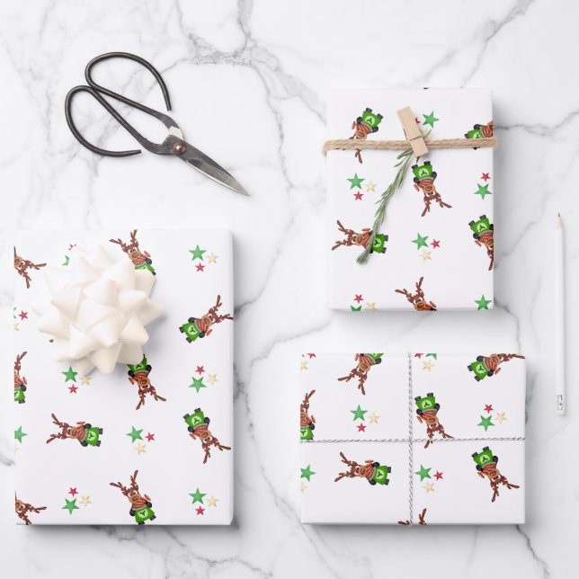 Festive Green And Red Kasky Christmas Reindeer Wrapping Paper Sheets (Front)