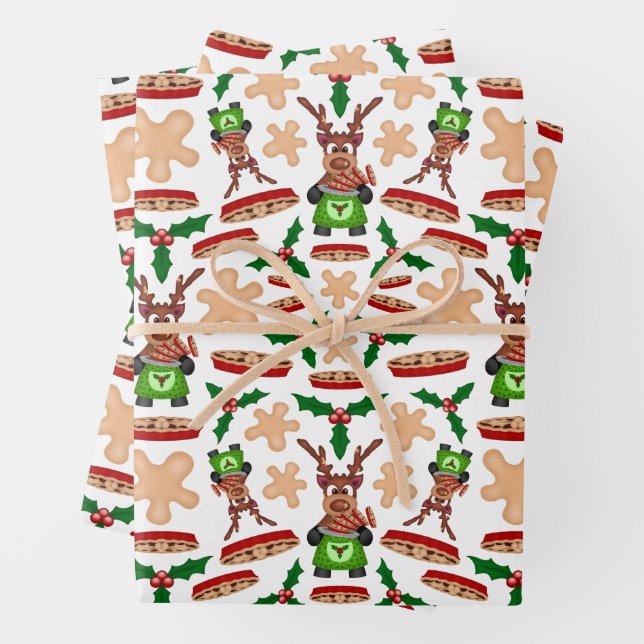 Festive Green And Red Kasky Christmas Reindeer Wrapping Paper Sheets (In situ)